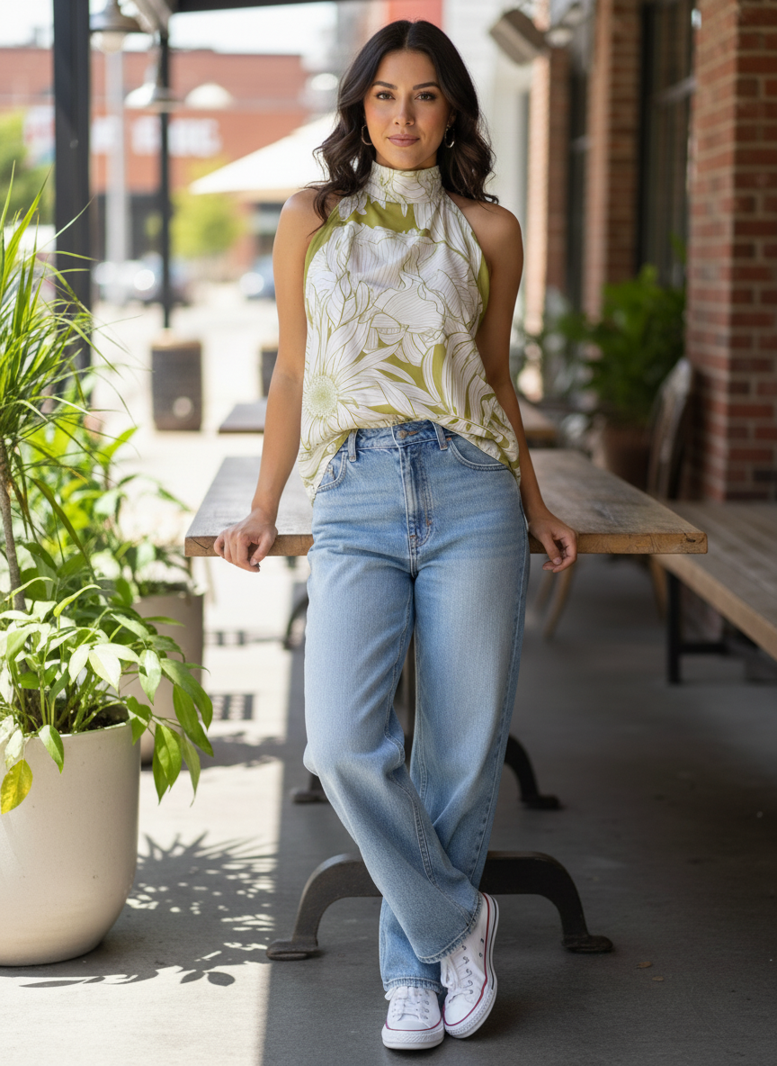 Blusa Halter Flores Pistacho